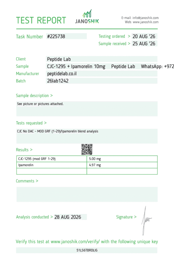 תעודת אנליזה (COA) CJC-1295 + Ipamorelin — Janoshik