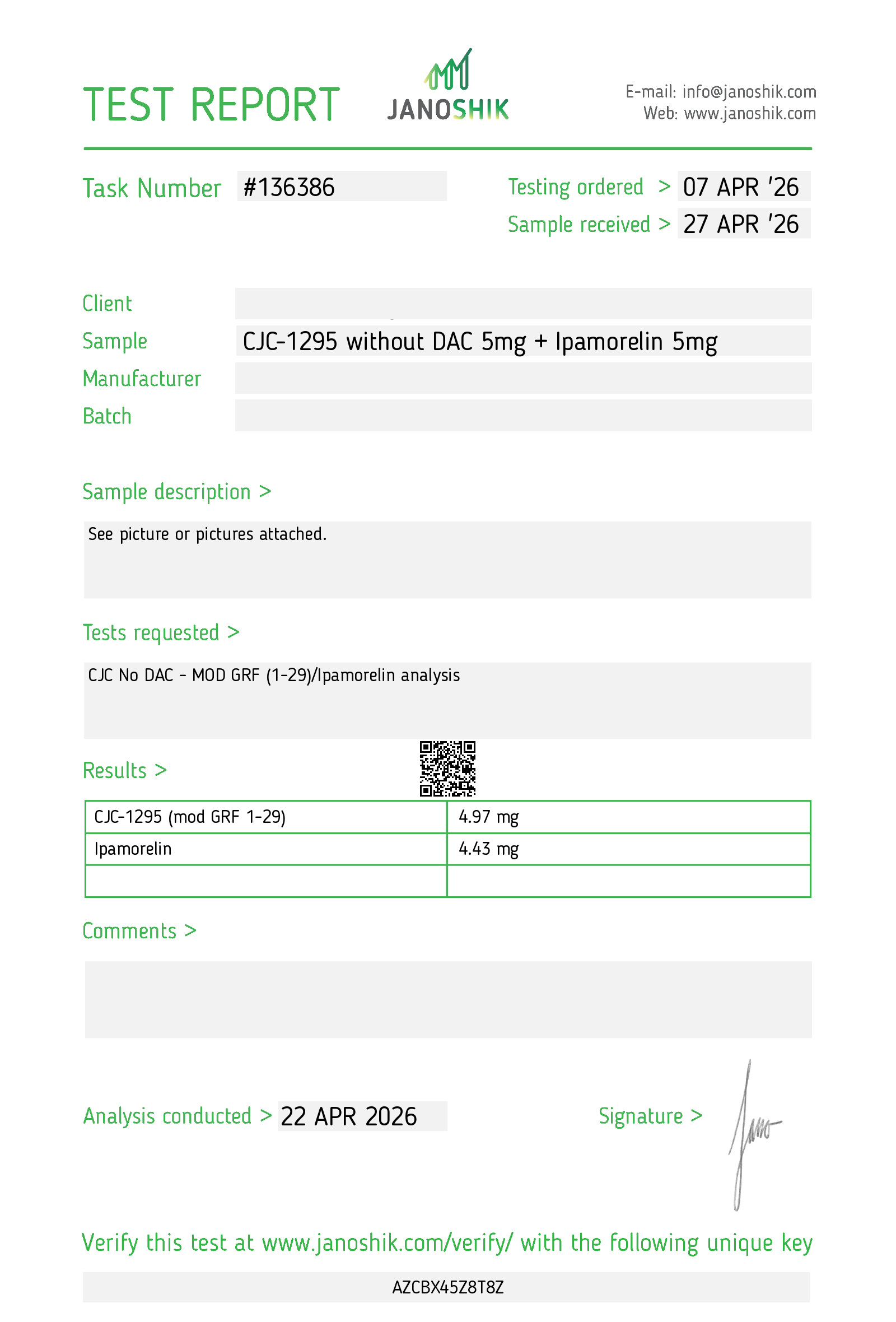 תעודת אנליזה (COA) CJC-1295 + Ipamorelin — Janoshik