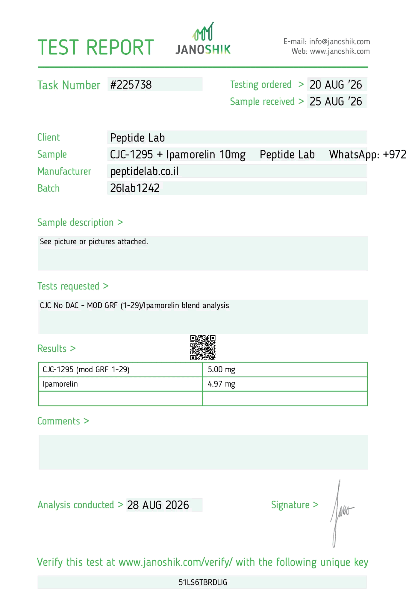 תעודת אנליזה (COA) CJC-1295 + Ipamorelin — Janoshik
