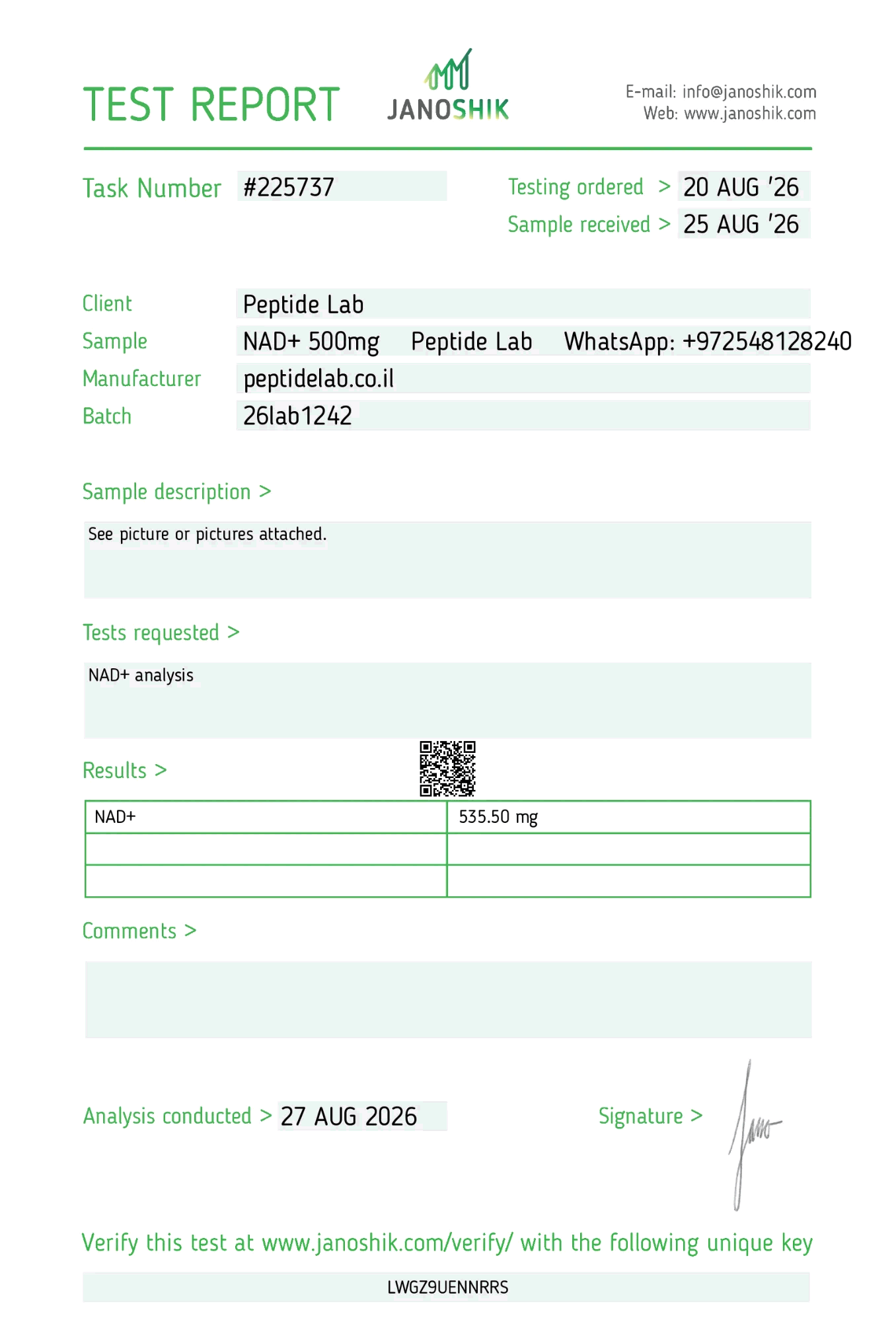 תעודת אנליזה (COA) NAD+ — Janoshik
