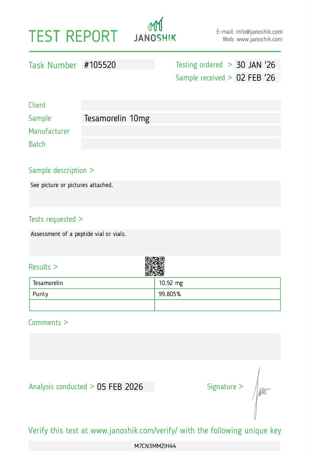 תעודת אנליזה (COA) Tesamorelin — Janoshik